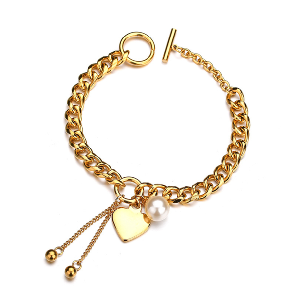 

link, chain 316l stainless steel love heart pearl ot shape buckle tassel thick bracelets for women fashion trend fine jewelry gift, Black