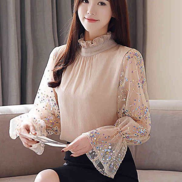 

women clothing fashion spring women's shirts long sleeve lace blouse flare sleeve transparent chiffon blusas 10c5 210420, White