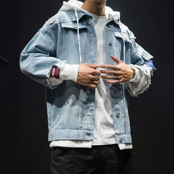 

men's jackets 2021 winter jacket hip hop streetwear jean brand men clothing fake two pieces denim hooded patchwork varsity bomber coat, Black;brown