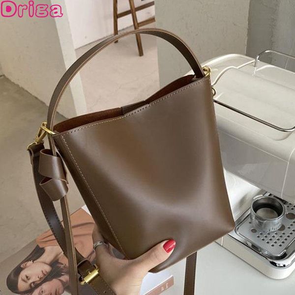 

driga female casual handbags 2021 retro bucket shoulder messenger bag large capacity fashion solid color pu leather bags cross body