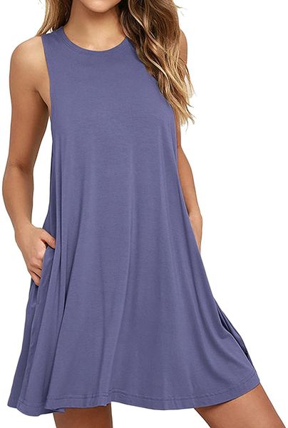 

brand women's sleeveless pocket casual loose t-shirt dress, Black;gray