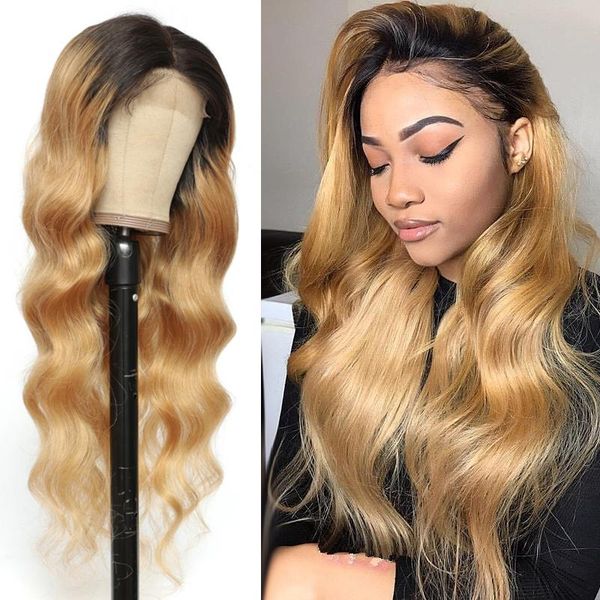 

lace wigs ombre honey blonde 13x4 front human hair soku brazilian body wave frontal wig for black women 150% remy, Black;brown