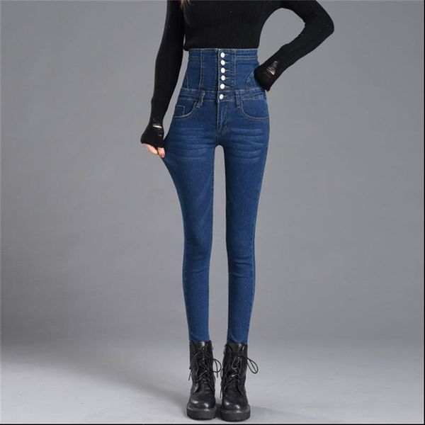 

womens jeans spring and autumn high waist breasted skinny girls fashion stretch elastic boot pants, Blue