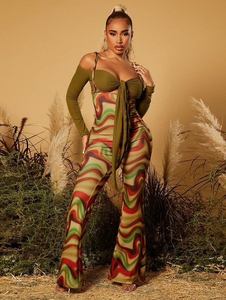 

sxy off shoulder tie front & marble print jumpsuit set o74x#, White