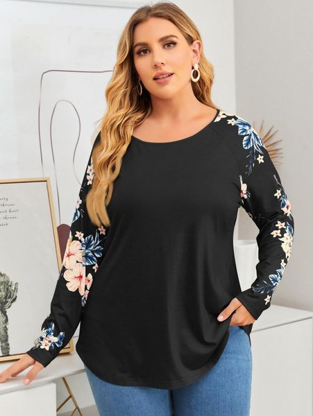 

plus floral print raglan sleeve tee r630#, Black