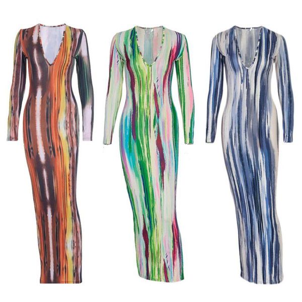 

casual dresses 40gc women autumn long sleeve deep v-neck bodycon maxi pencil dress gradient tie-dye striped print party clubwear, Black;gray