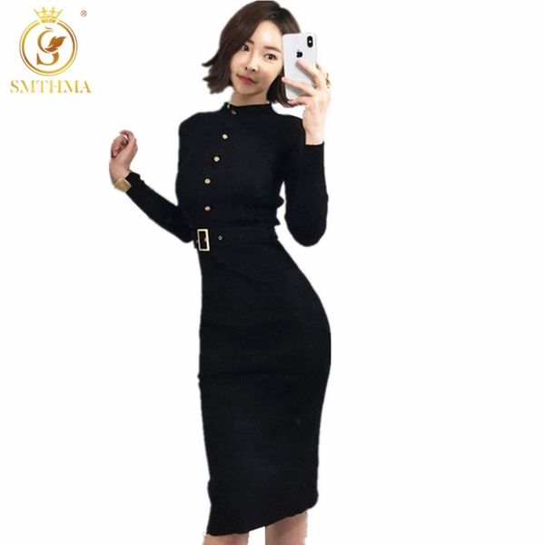 

warm sweater dress winter long bodycon black dresses with belt skinny knitted vestidos 210520, Black;gray