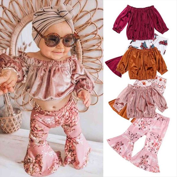 

2pcs set toddler autumn outfits party kids baby girls clothing velvet off shoulder long sleeve print flare pants, White