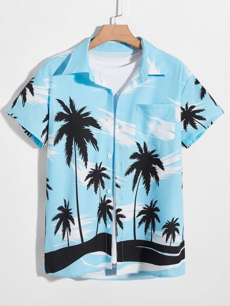 

men tropical print pocket front shirt x5e9#, White;black