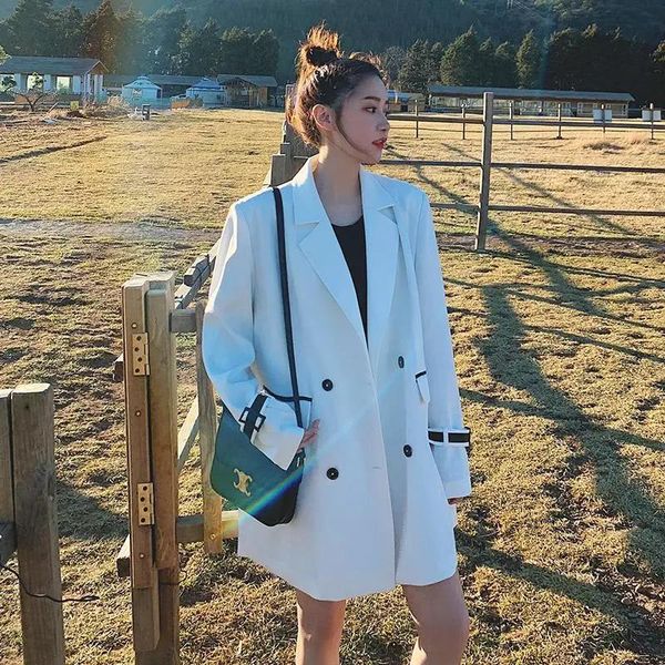 

women's suits & blazers white suit jacket women autumn 2021 fashion double breasted korean casual loose design woman's outwear, White;black