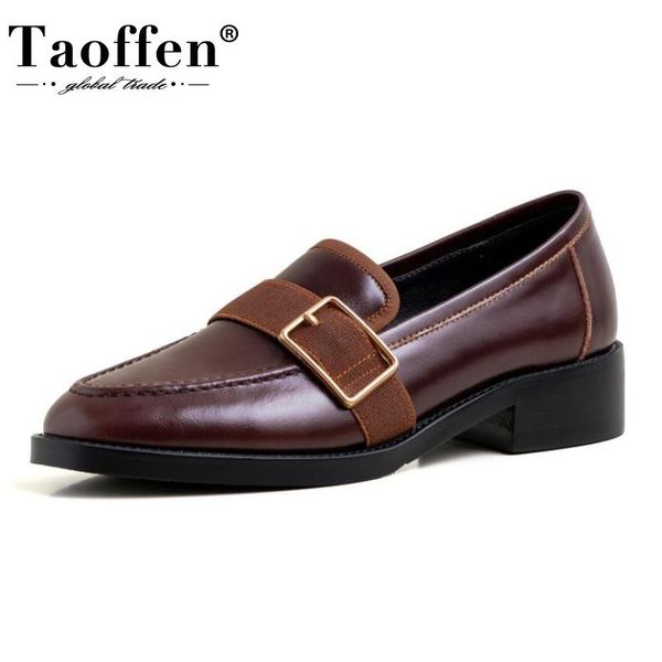 

dress shoes taoffen real leather women pumps round toe low heel buckle slip on vintage ladies footwear fashion size 33-40, Black