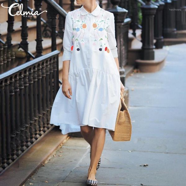 

casual dresses fashion women summer lapel shirt dress celmia flower print sundress loose long sleeve buttons vestidos oversized 5xl robe1 w6, Black;gray