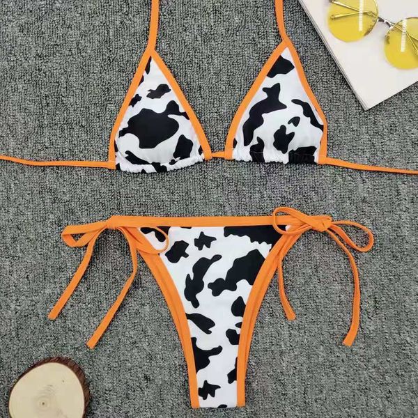 

print women bikinis set two piece swimsuit cow bathingsuit bandage triangle swimwear beach wear, White;black