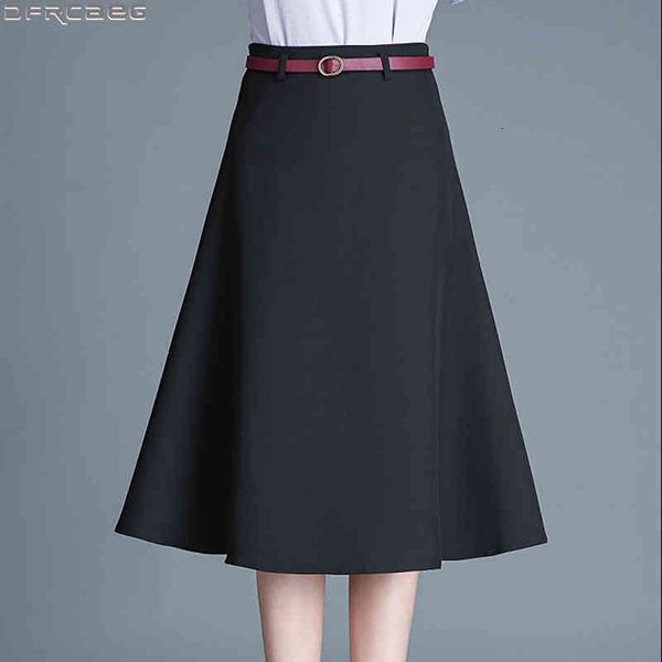 

casual dresses elegant office skirts womens black pink khaki apricot ladies midi skirt with belt lining jupe femme high waisted a-, Black;gray