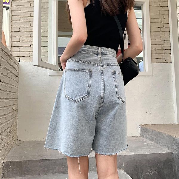 

women's shorts 2021 button high waist denim pleated pants spring and summer loose wide leg frayed hem, White;black