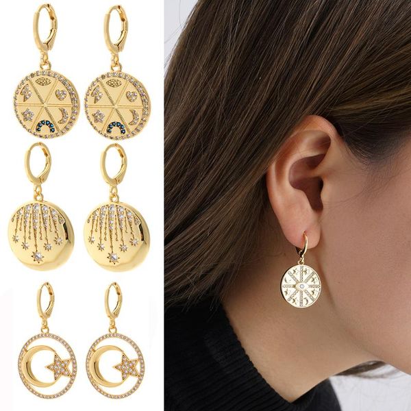 

hoop & huggie eight-pointed star earrings cubic zircon moon and pendant dangle female ear rings copper korean fashion, Golden;silver