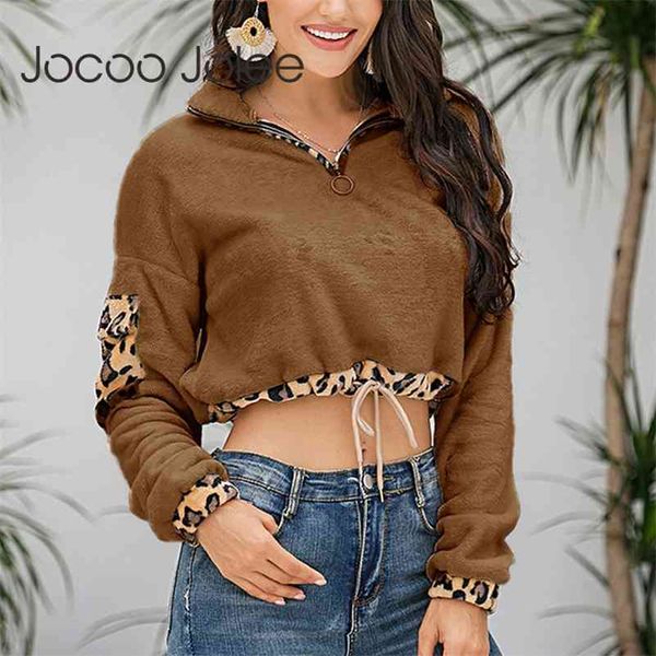 

autumn plush hoodies casual zipper turtleneck sweatshirt leopard print patchwork drawstring cropped loose pullover 210416, White;black
