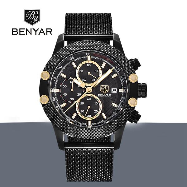 

full stainless steel case stylish simple male watch luminous hands sport men benyar quartz wristwatch wristwatches, Slivery;brown