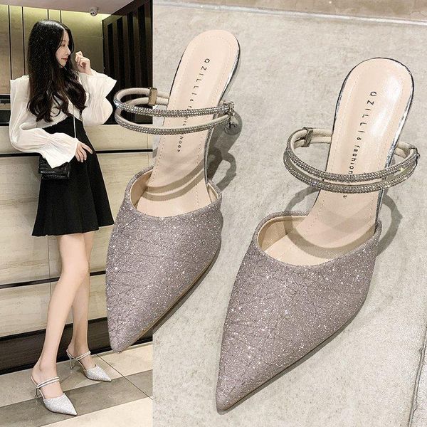 

slippers cover toe shoes woman 2021 casual loafers pantofle med luxury pointed soft basic pu rubber fabric rome strange styl, Black