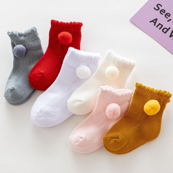 

socks cute pompom solid color baby mesh infant girl boy frilly short autumn soft breathable kids clothes accessories, Pink;yellow