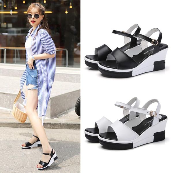 

summer shoes woman sandals leather heel wedge female sponge cake with open toe thick, Black