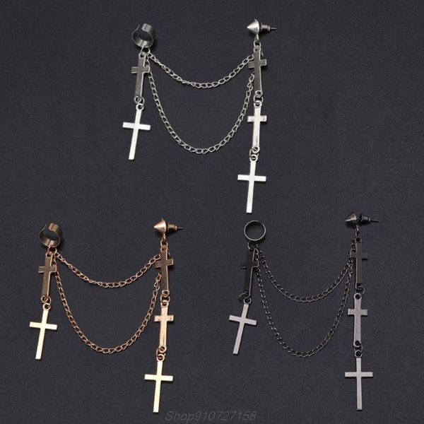 

gothic punk cross long tassel double chains ear cuff earrings fashion jewelry oct drop stud, Golden;silver