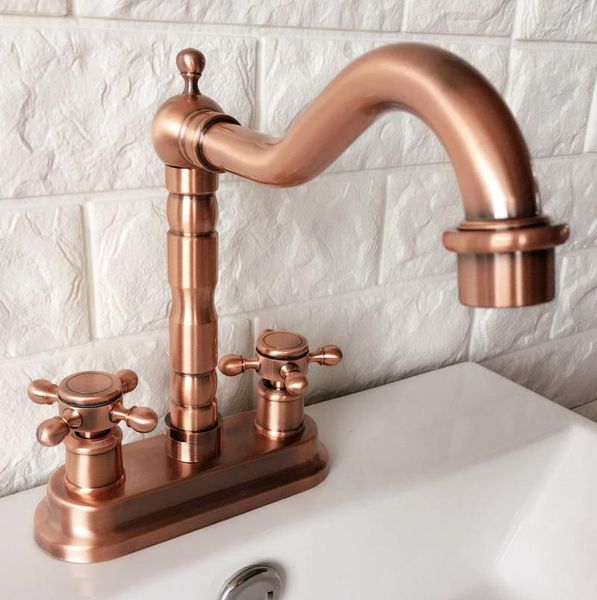 

bathroom sink faucets antique red copper brass deck mounted dual cross handles 4" center hole two holes basin faucet swivel mixer taps