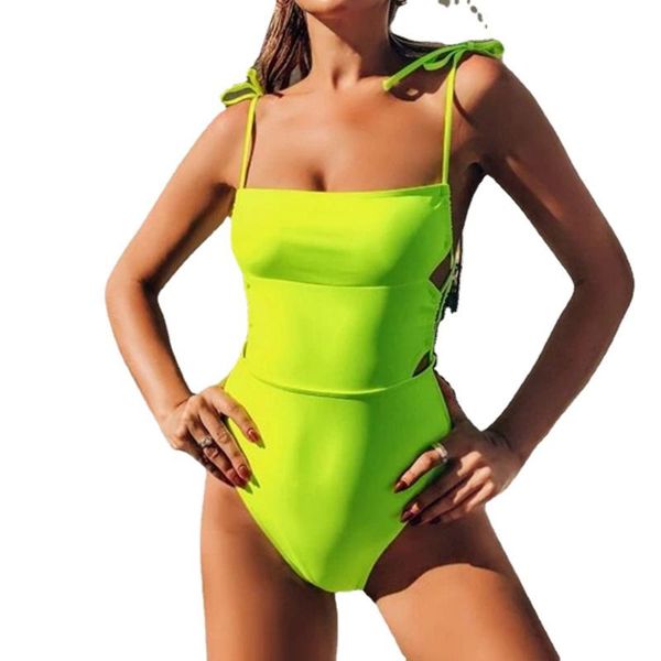 

one-piece suits neon one piece swimsuit bandeau swimwear women lace up tie shoulder monkini cute beach wear bodysuits