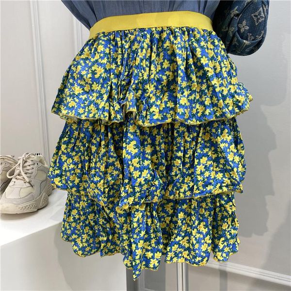 

skirts [ewq] 2021 spring summer sweet high-waisted all-match floral skirt with ruffled holiday qx87014, Black