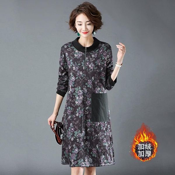

casual dresses autumn and winter clothing plus velvet thickening middle-aged ethnic style big size women's dress fashion floral f2428, Black;gray