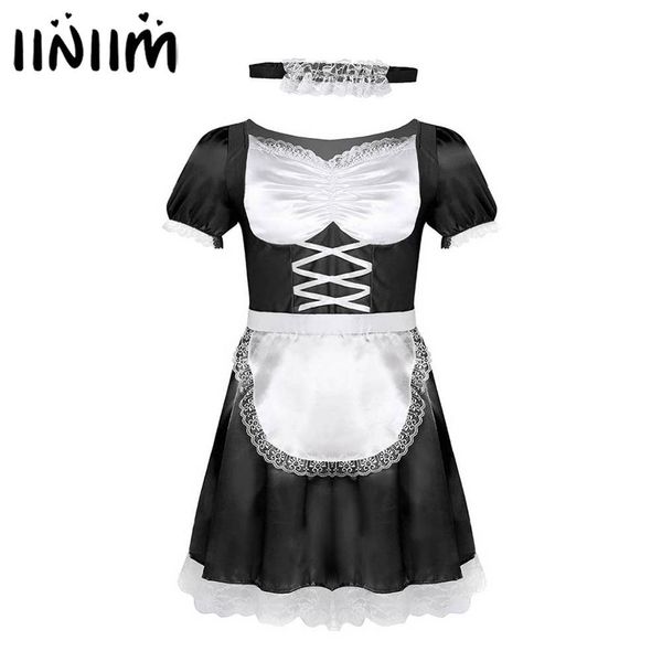 iiniim Herren Sissy French Maid Uniform Kostüm Sexy Lustige Kostüme Clubwear Partys Satinkleid mit Halsband und Stirnband L0407