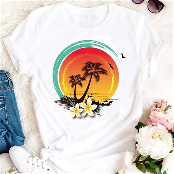 

summer sweet 90s beach women t shirts flower tshirts cartoon fashion short sleeve clothes graphic lady print female tee, White