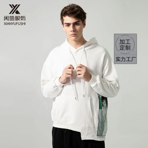 

fashion flowing hoodie spring and autumn sports leisure white side seam pocket printed round neck long sve sweater, Black