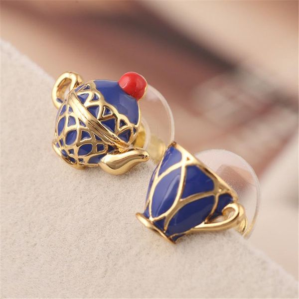 

korean earrings for women asymmetric enamel glaze blue tea cup teapot fashion stud party wedding jewerly, Golden;silver