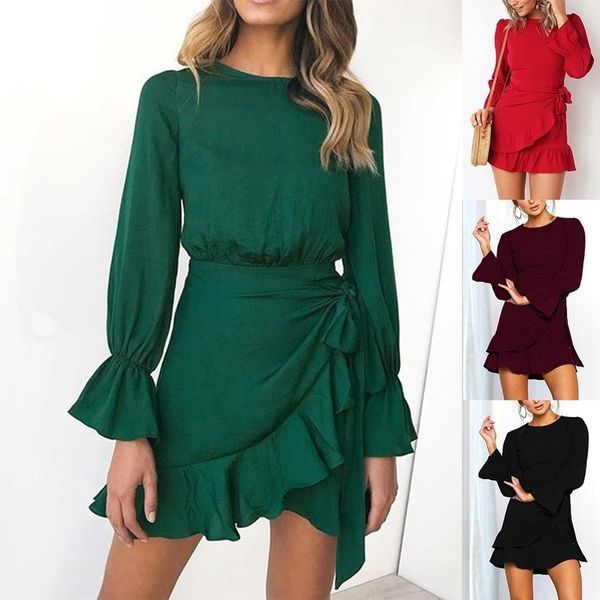 

summer mini sundress women lantern sleeve chiffon dress o-neck ruffles wrap casual split party office vestidos 210603, Black;gray