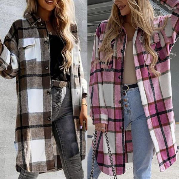 

women's jackets autunm winter casual plaid jacket outwear prints long sleeve pockets lapel single breasted thin shirt, Black;brown