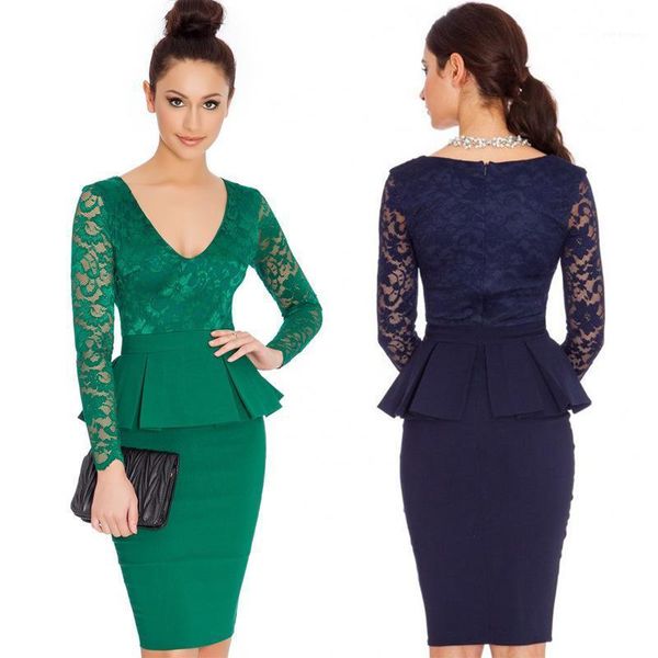

casual dresses elegant v neck slim work office ladies wear dress 2021 long sleeve lace design ruffle women midi pencil party female, Black;gray