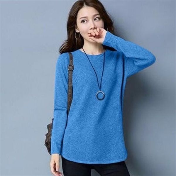 Maglione girocollo allentato di grandi dimensioni Donna Pullover casual a costine a maniche lunghe lavorato a maglia Primavera donna di media lunghezza 210427