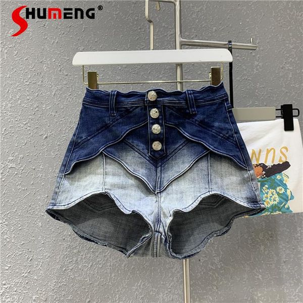 

women's jeans 2021 summer ladies exquisite button irregular contrast-color ruffled denim shorts western fashion pants, Blue