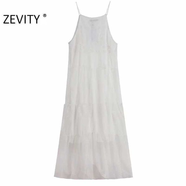 

zevity women elegant o neck embroidery mesh yarn patchwork halter dress female spaghetti strap vestidos chic dresses ds4370 210603, Black;gray