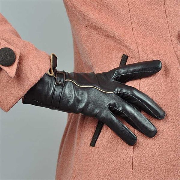 

winter genuine leather glove brand sheepskin warm solid color female real sheep lady fashion party wsr170 211124, Blue;gray