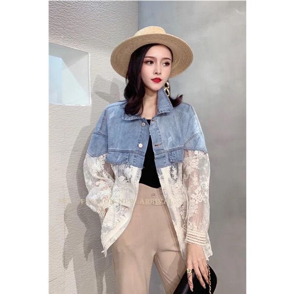 

europe station 2021 spring/ summer denim stitched sunscreen women embroidered lace loose-fitting casual jacket women's jackets, Black;brown