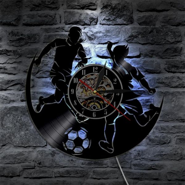 

play football soccer sport wall clock outdoor record modern design 3d led night light gift reloj de pared clocks