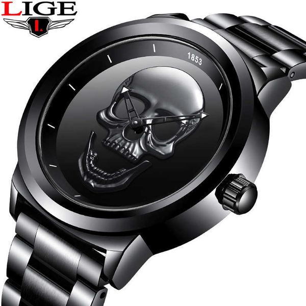 Мужские часы Lige Luxury Brand Watch Watch Sports Водонепроницаемая Полная сталь Творческий Череп Мужской Кварцевые Наручные Часы Relogio Masculino 210527