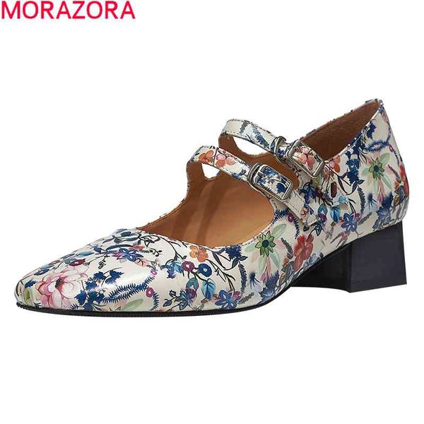 MORAZORA Décolleté in vera pelle Donna Tacchi spessi Punta quadrata Scarpe singole da donna Moda estiva Abbassa Scarpe casual da festa 210506