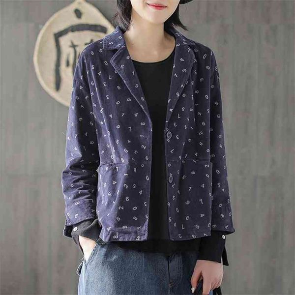 

spring autumn arts style women long sleeve loose retro short coats cotton corduroy numerals print casual jackets d449 210512, Black
