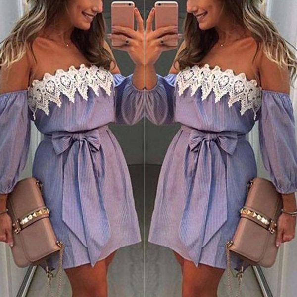 

casual dresses ladies dress off-shoulder lace striped three-sleeve navy collar sleeveless party short dressy522, Black;gray