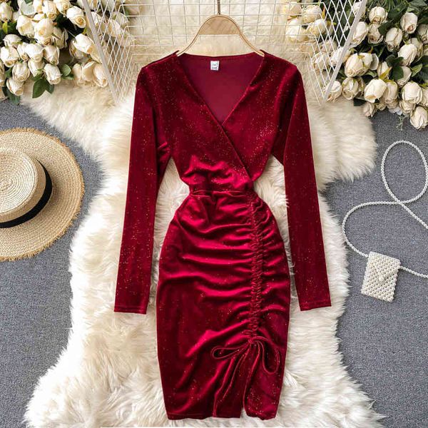 

dresses autumn black/red drawstring velvet party mini dress women v-neck long sleeve high waist vestidos female new fashion, Black;gray