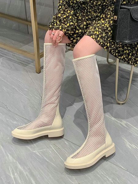 

boots eshtonshero women shoes zippers casual woman summer mesh knee high round toe white flats heels size 3-9, Black