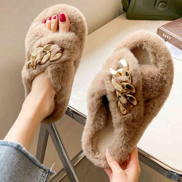 

women fur slippers home trend chain dign cross upper 2021 winter solid color bedroom living room faux warm flat, Black
